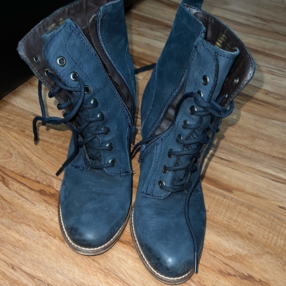 Blue lace up heeled boots
